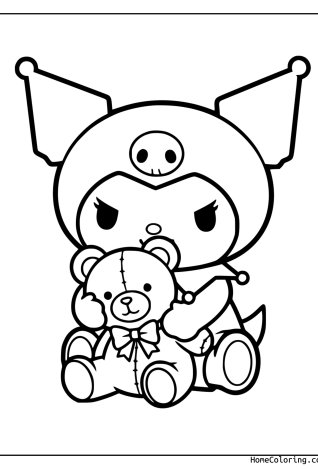 Coloring page: Kuromi hugging a little teddy bear with a bow.