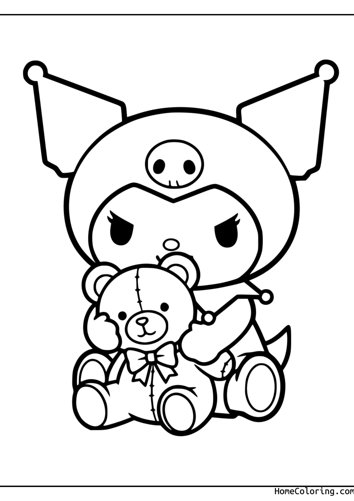 Coloring page: Kuromi hugging a little teddy bear with a bow.