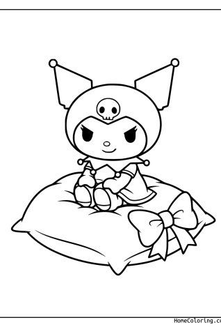 Coloring page: Kuromi in pajamas sitting relaxed on a soft pillow.