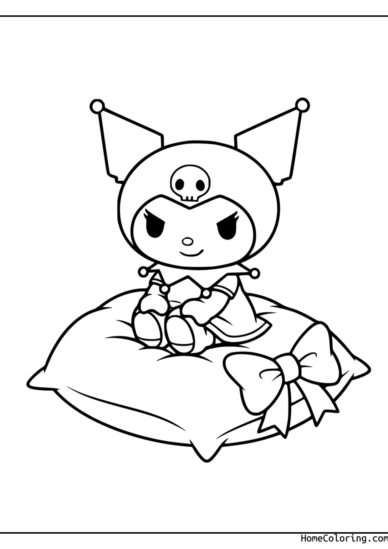 Coloring page: Kuromi in pajamas sitting relaxed on a soft pillow.