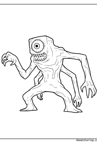 Coloring page: The one-eyed Doors monster with a wide mouth and long arms.