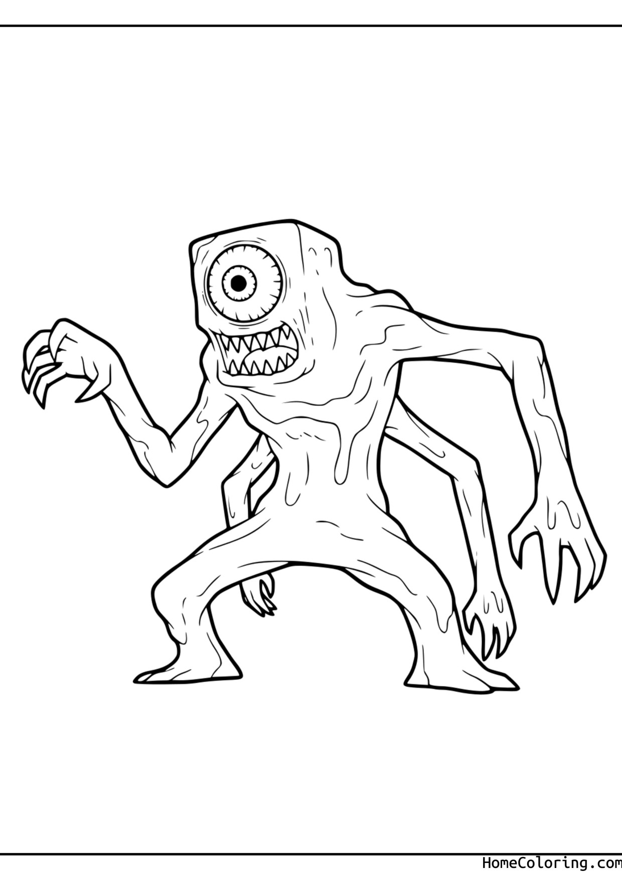 Coloring page: The one-eyed Doors monster with a wide mouth and long arms.