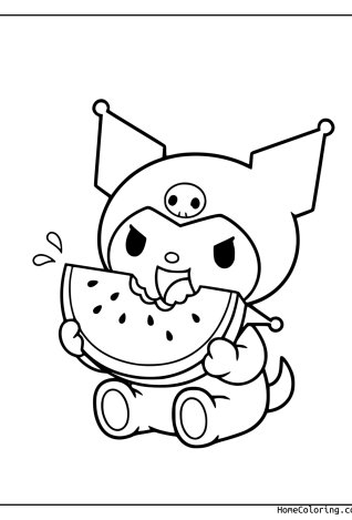 Coloring page: Kuromi happily eating a big slice of watermelon.
