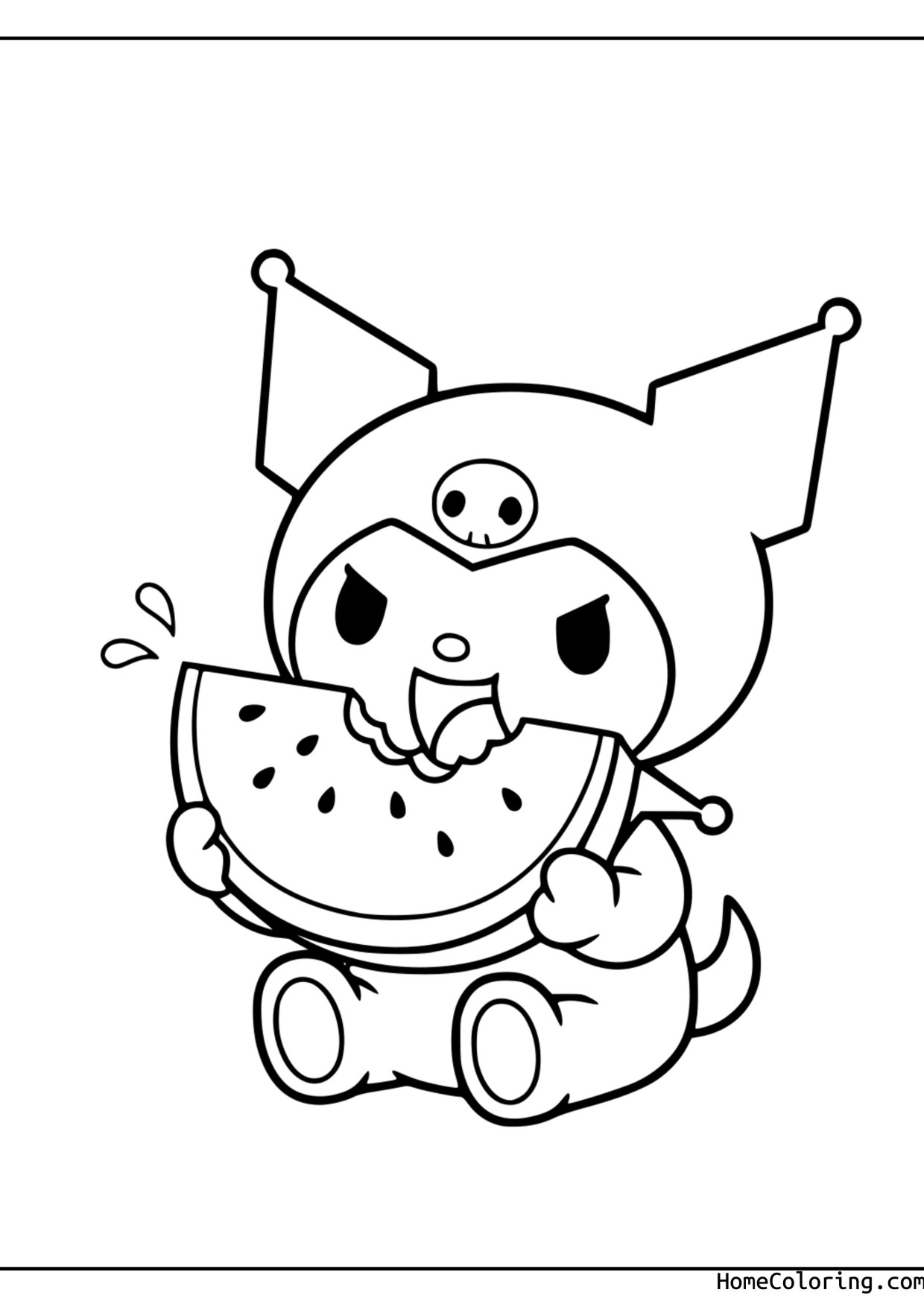 Coloring page: Kuromi happily eating a big slice of watermelon.