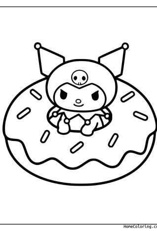 Coloring page: Kuromi sitting in the middle of a big donut with sprinkles.