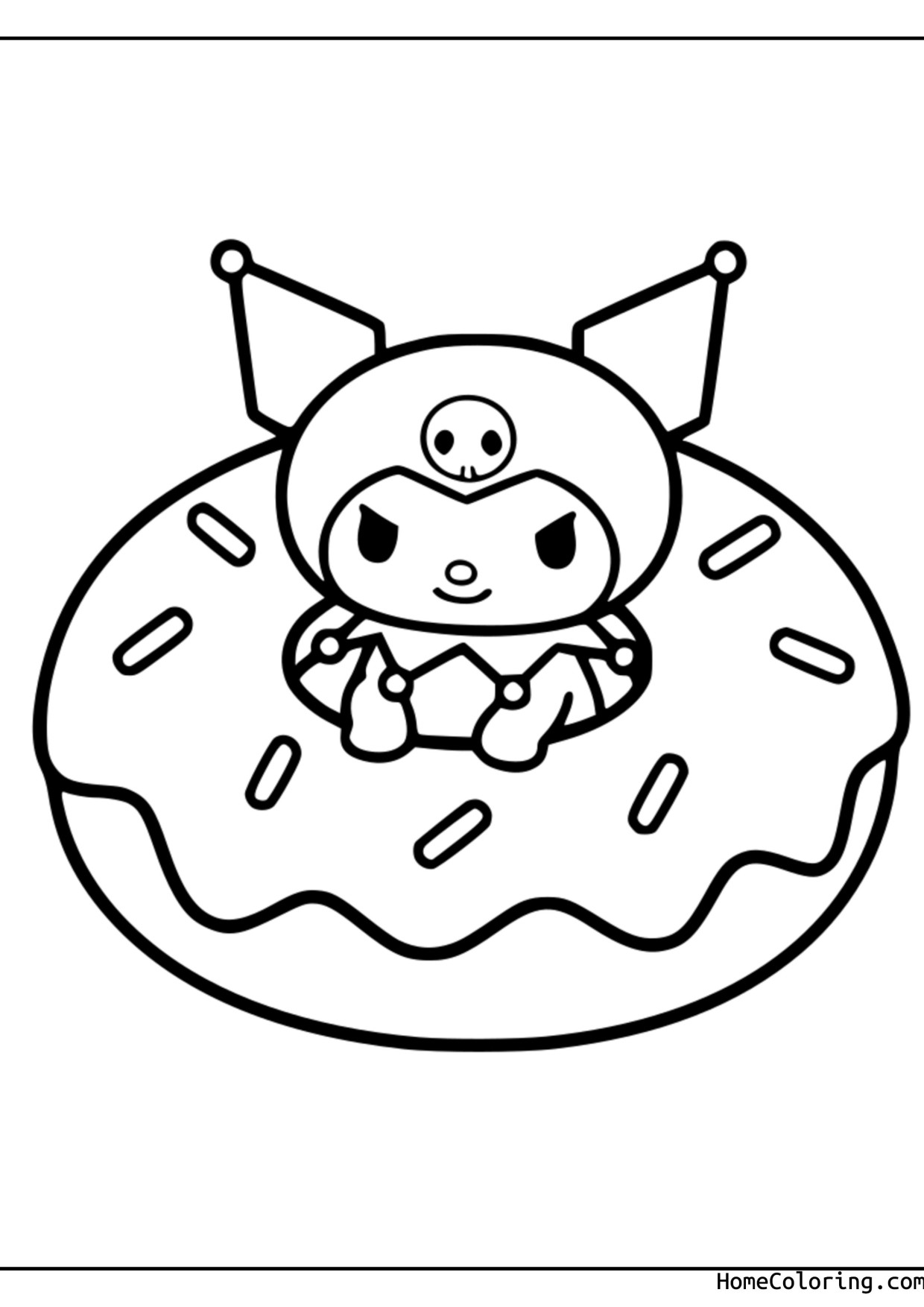 Coloring page: Kuromi sitting in the middle of a big donut with sprinkles.