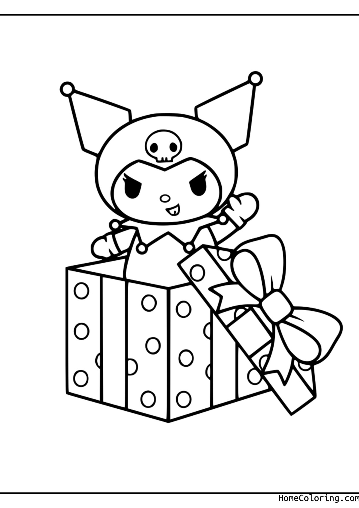 Coloring page: Kuromi peeking out of a polka-dot gift box with a bow.