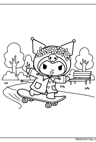 Coloring page: Kuromi on a skateboard in a park with trees and a bench.