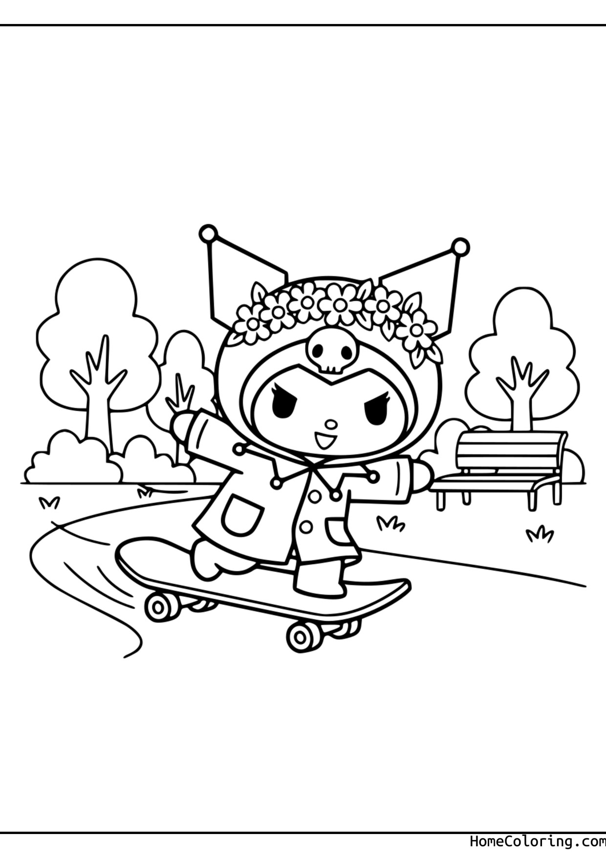 Coloring page: Kuromi on a skateboard in a park with trees and a bench.
