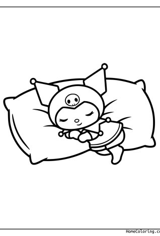 Coloring page: Kuromi sleeping with closed eyes on a pillow.
