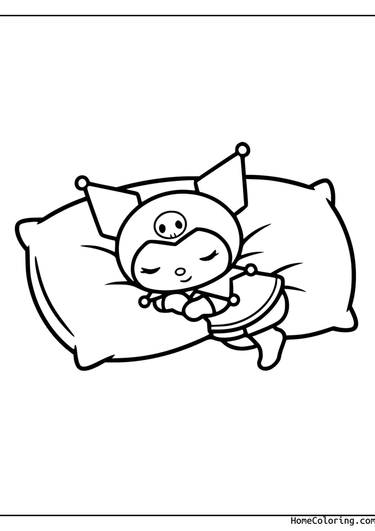 Coloring page: Kuromi sleeping with closed eyes on a pillow.