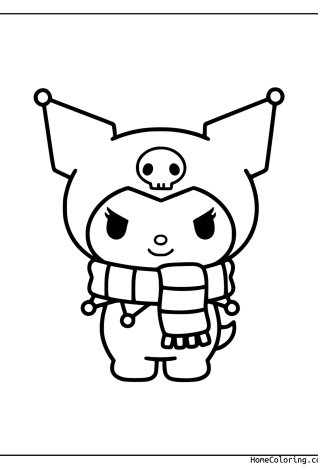 Coloring page: Kuromi with a long scarf and a warm winter outfit.