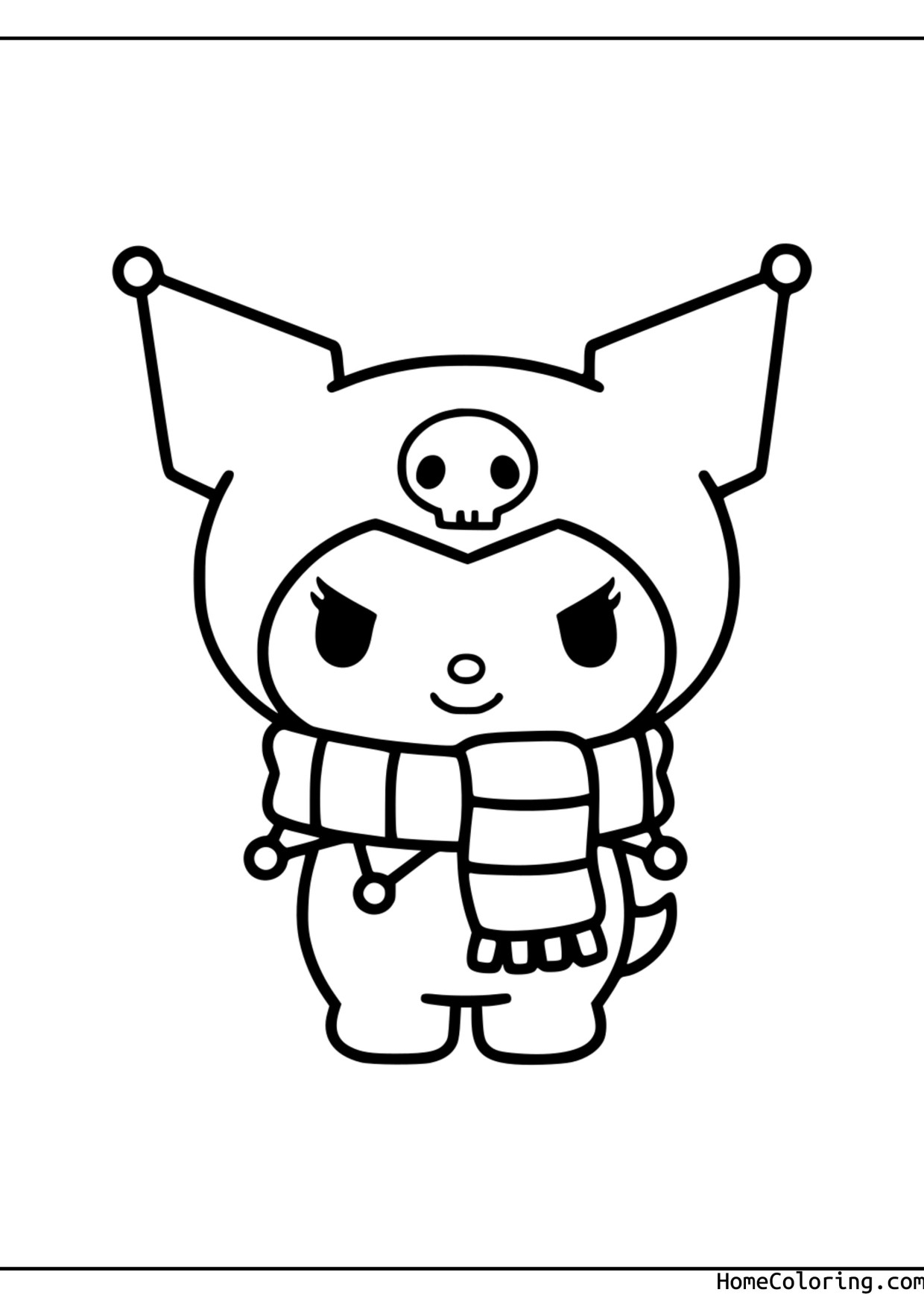 Coloring page: Kuromi with a long scarf and a warm winter outfit.