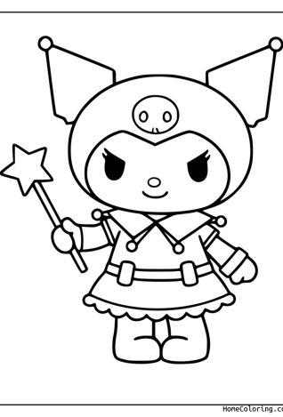 Coloring page: Kuromi holding a magic wand topped with a big star.