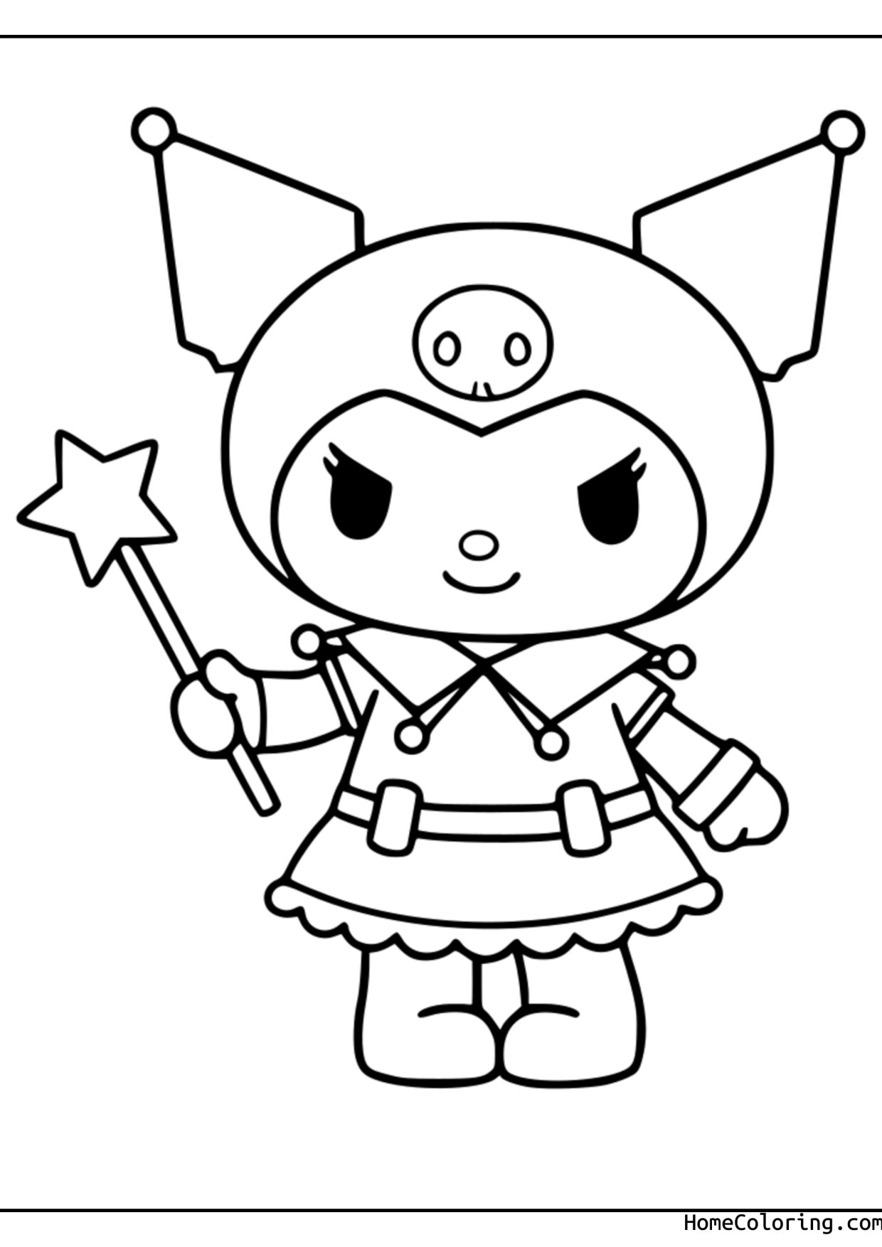 Coloring page: Kuromi holding a magic wand topped with a big star.