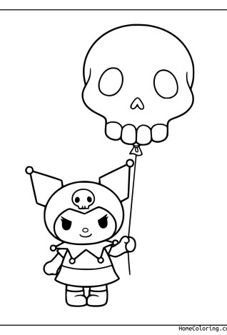 Coloring page: Kuromi holding a balloon shaped like a skull.