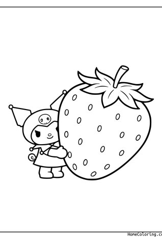 Coloring page: Kuromi next to a giant strawberry with big leaves.