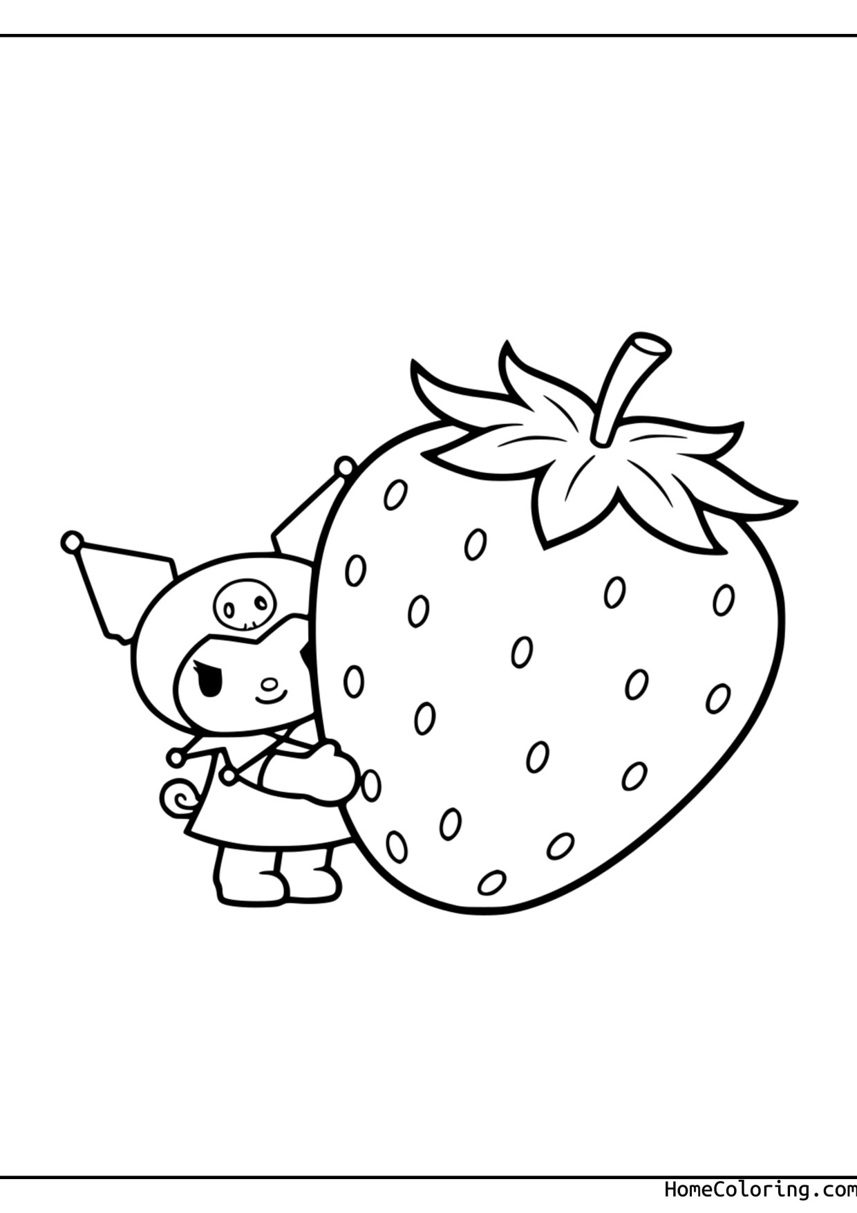 Coloring page: Kuromi next to a giant strawberry with big leaves.