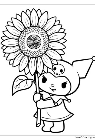Coloring page: Kuromi holding a big sunflower by its stem.