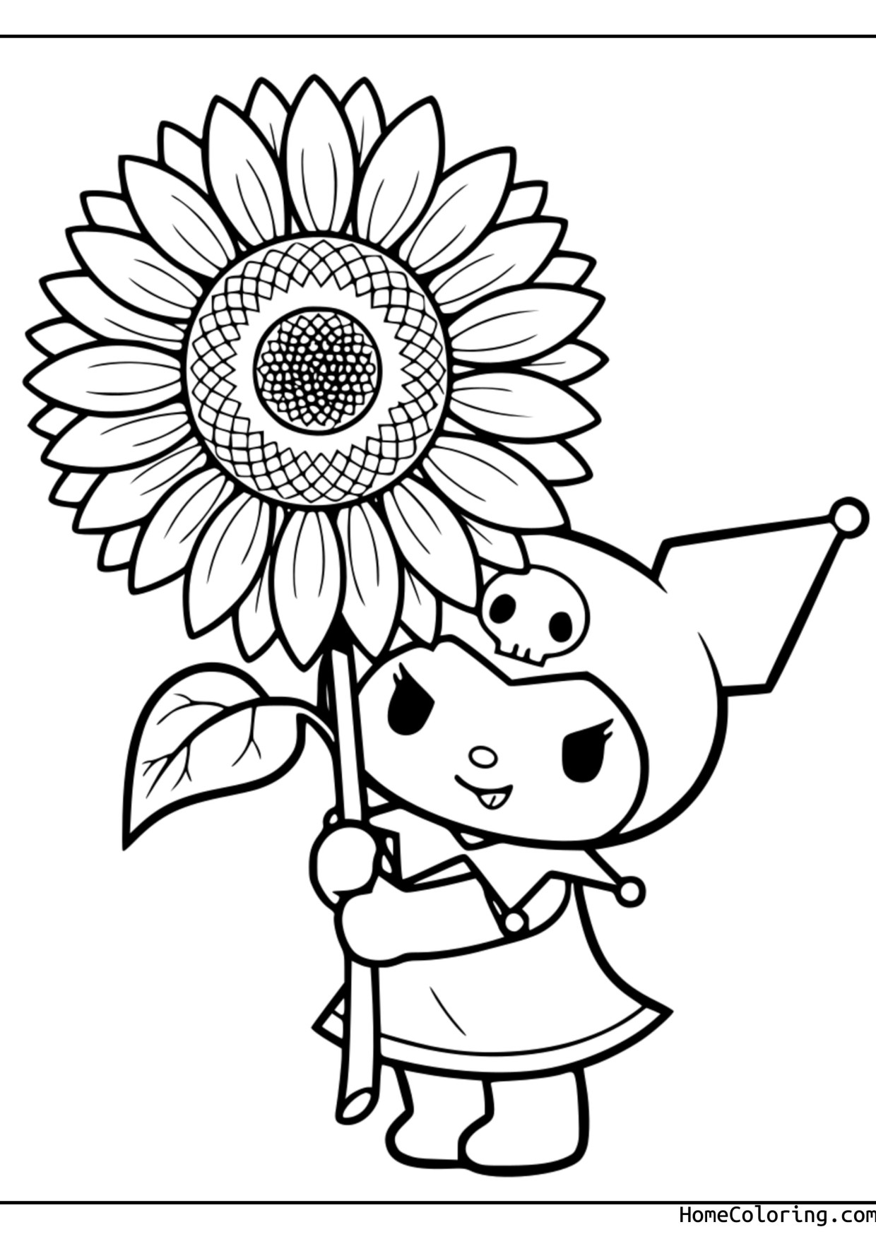 Coloring page: Kuromi holding a big sunflower by its stem.