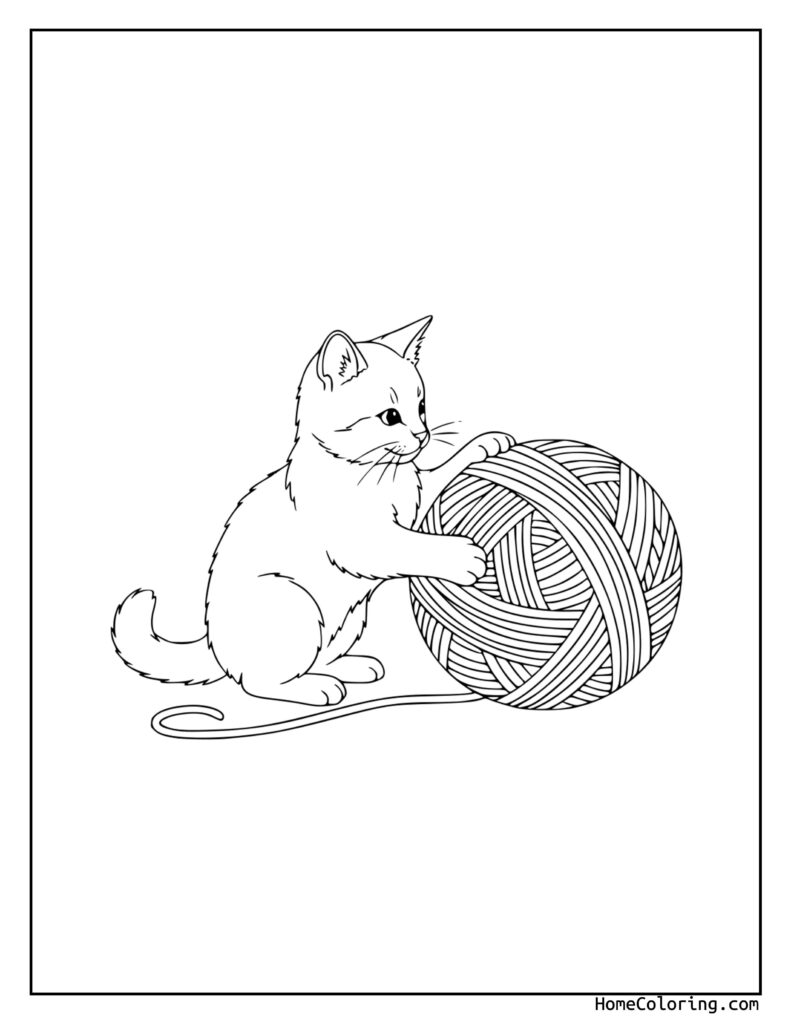 A cat playing with a wool ball coloring page showing a playful kitten batting at a ball of yarn with its paw
