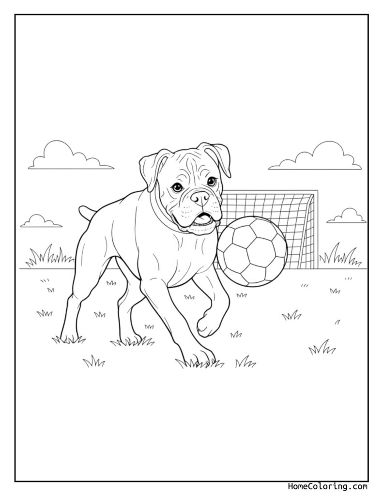 Boxer Dog Coloring Page featuring an English Bulldog holding a soccer ball in its mouth, running towards a soccer goal on a grassy field with clouds in the sky.