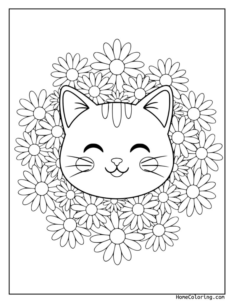 Cat coloring page featuring a smiling cat surrounded by a circular wreath of daisies, perfect for children to color and enjoy.