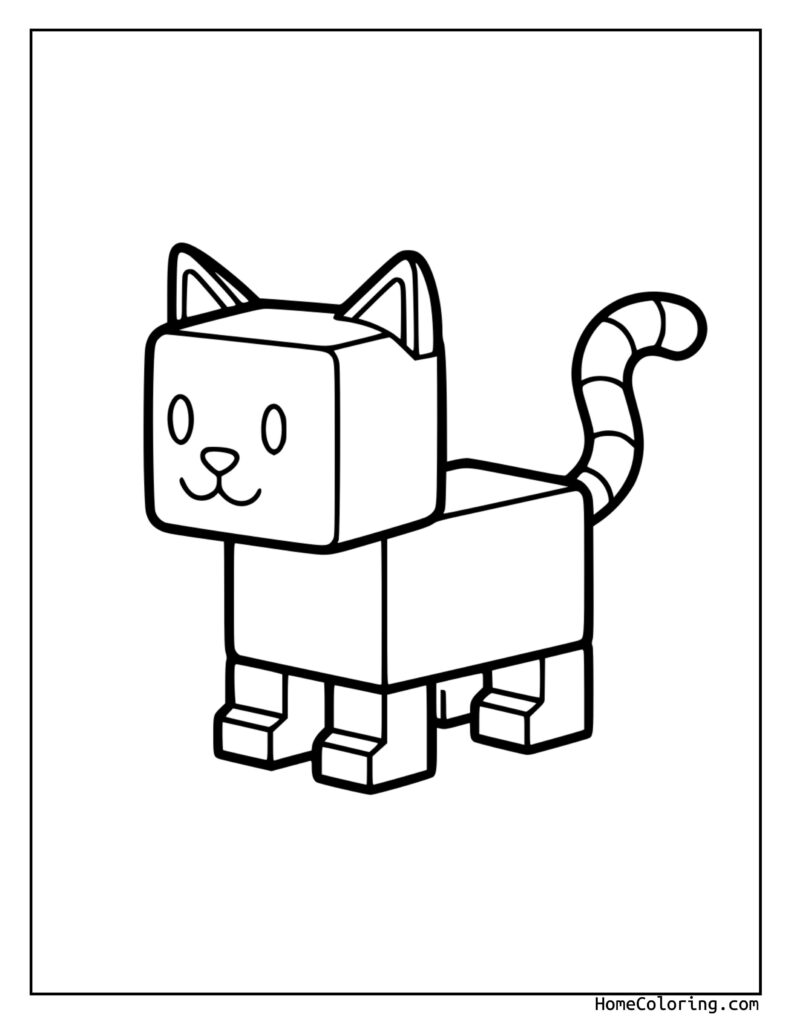 Cat Roblox coloring page featuring a blocky, geometric cat with cubic shapes, triangular ears, circular eyes, and a long curved tail for kids to color.