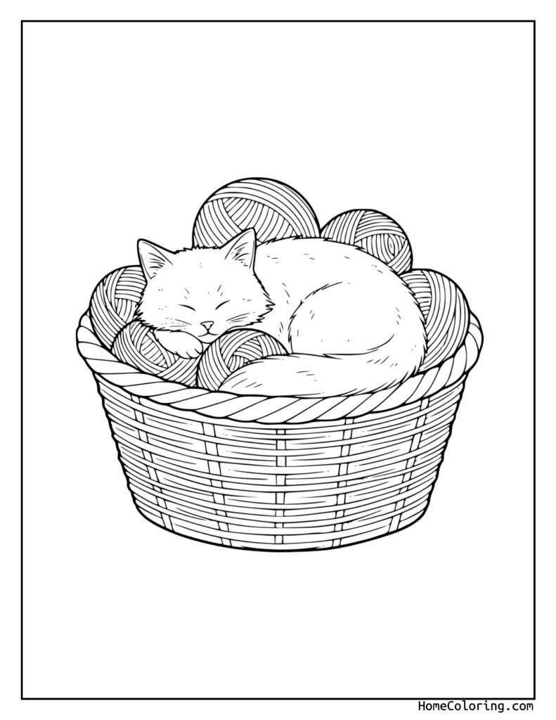 Cat with yarn ball coloring page showing a cozy cat sleeping in a basket surrounded by soft yarn balls, perfect for coloring fun.