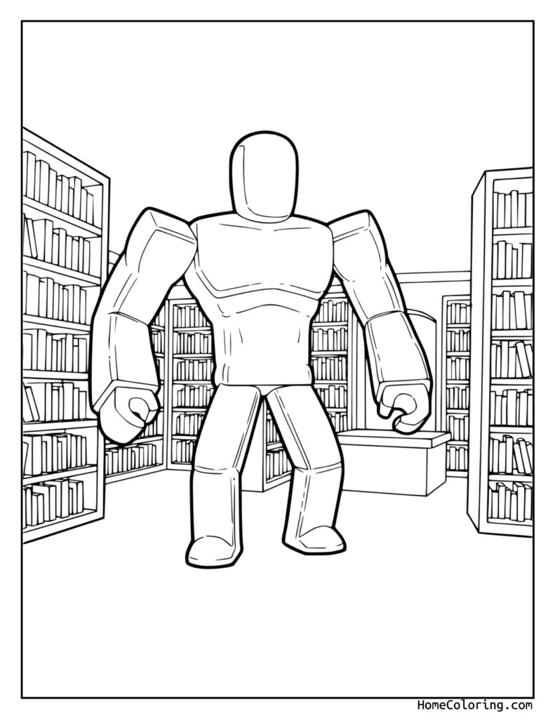 Doors Coloring Page Roblox featuring a muscular robot with no facial features standing in a library with bookshelves, tables, and chairs in the background.