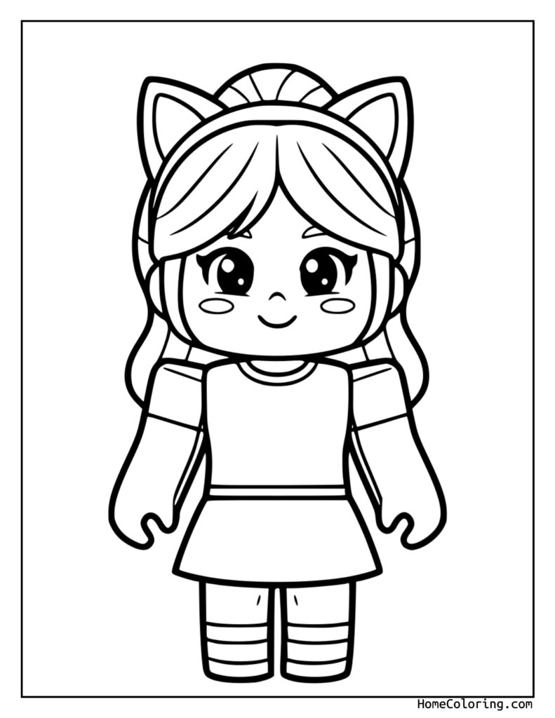Girl Roblox coloring page featuring a cute cartoon girl with large eyes, cat-like ears, long hair, and a simple outfit, ready for kids to color.
