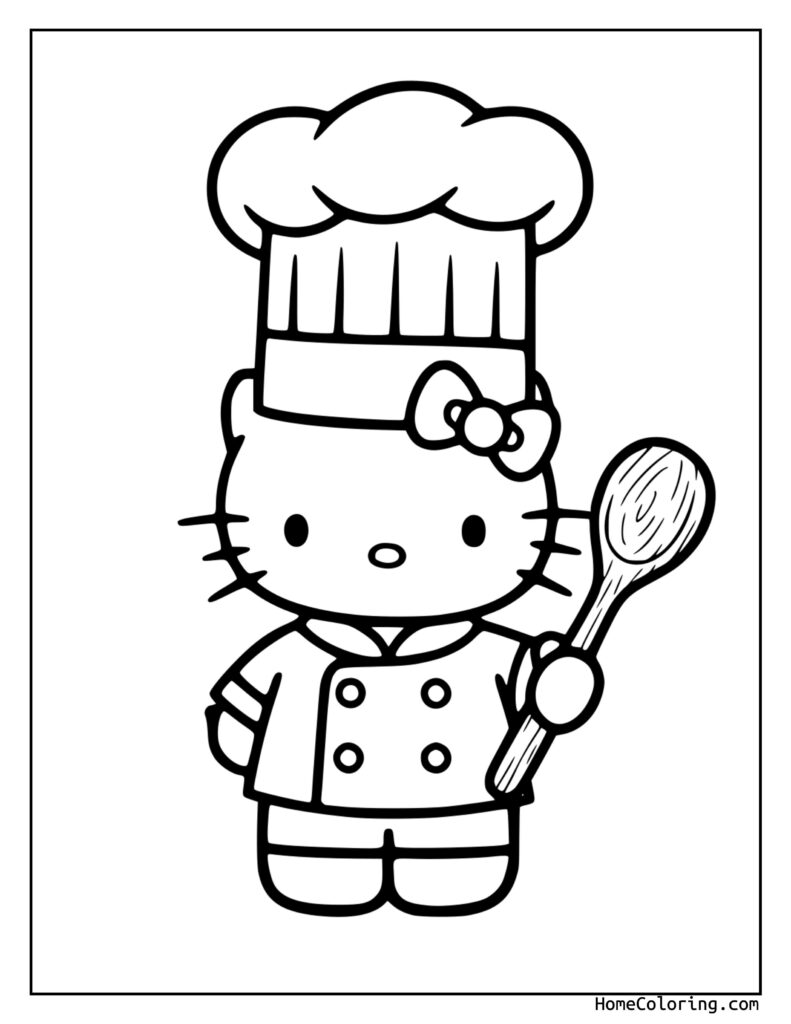 Hello Kitty Cookie Coloring Page showing Hello Kitty dressed as a chef with a fluffy hat, bow, wooden spoon, and chef uniform on a plain white background.