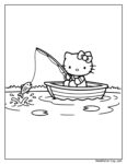 Hello Kitty Fishing Coloring Page showing Hello Kitty sitting in a small boat, holding a fishing rod with a caught fish, surrounded by water ripples and lily pads.