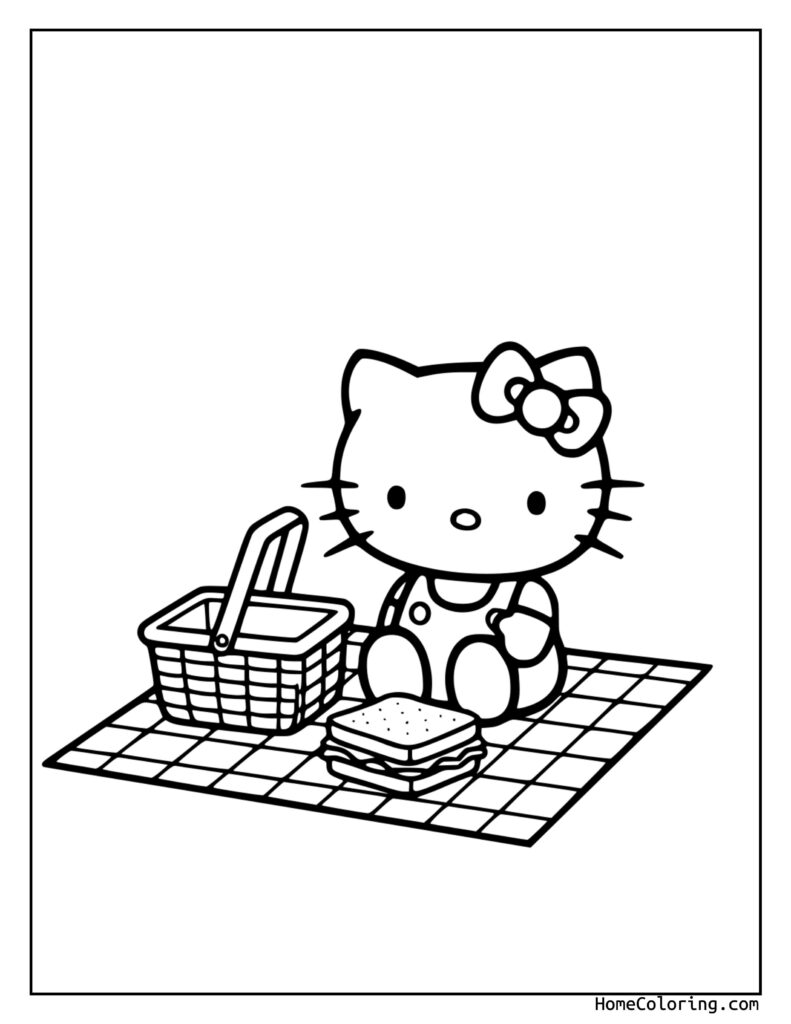 Hello Kitty Picnic Coloring Page showing Hello Kitty sitting on a checkered blanket with a picnic basket and sandwich ready for coloring.