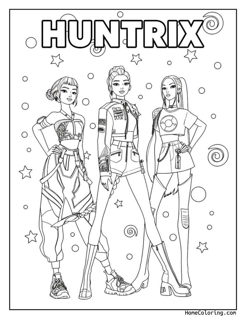 Huntrix coloring page featuring three main characters from the animated series in black and white line drawing with stars, circles, and swirls in the background.