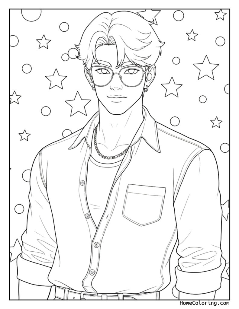 Jinu K-Pop Demon Hunters coloring page featuring a stylish young man with glasses in a casual button-up shirt, surrounded by whimsical stars and circles in a dreamy background.