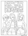 K-Pop Demon Hunters characters coloring page featuring three anime-style figures with distinct hairstyles and outfits, ready for coloring fun for kids and K-pop fans.