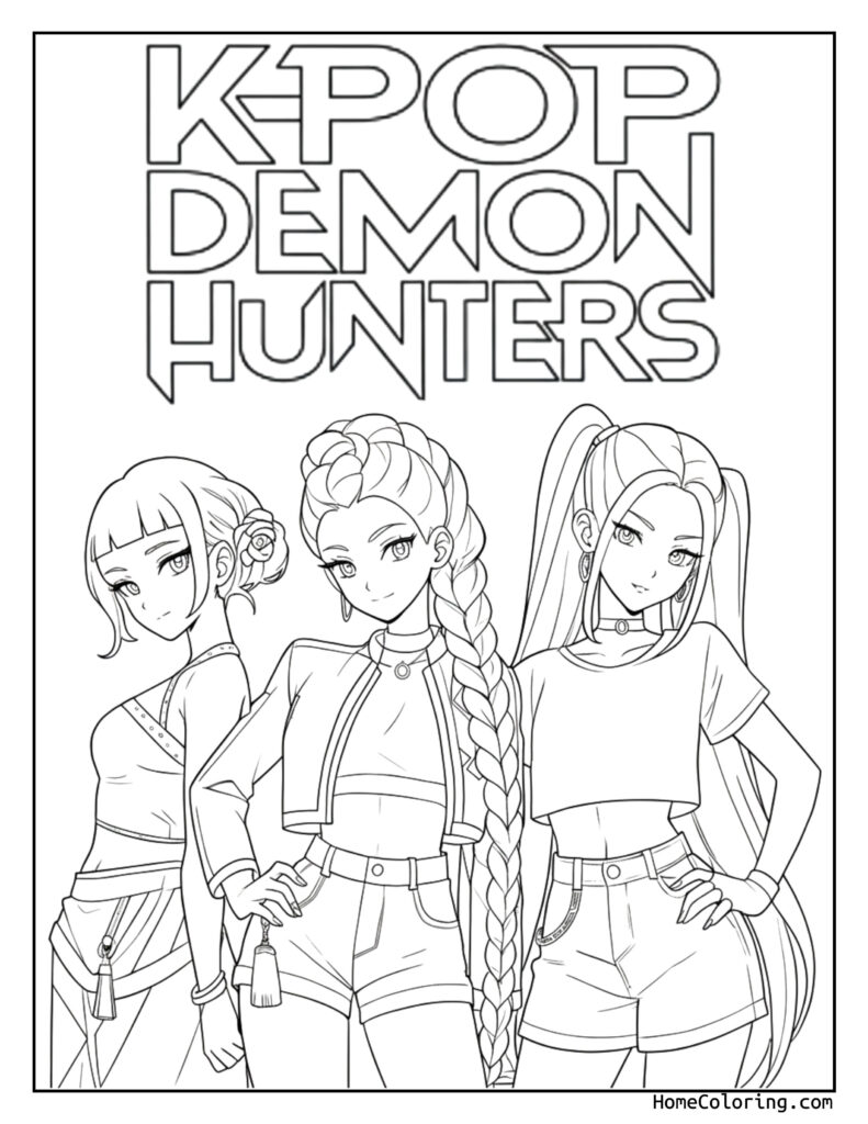 K-Pop Demon Hunters characters coloring page featuring three anime-style figures with distinct hairstyles and outfits, ready for coloring fun for kids and K-pop fans.
