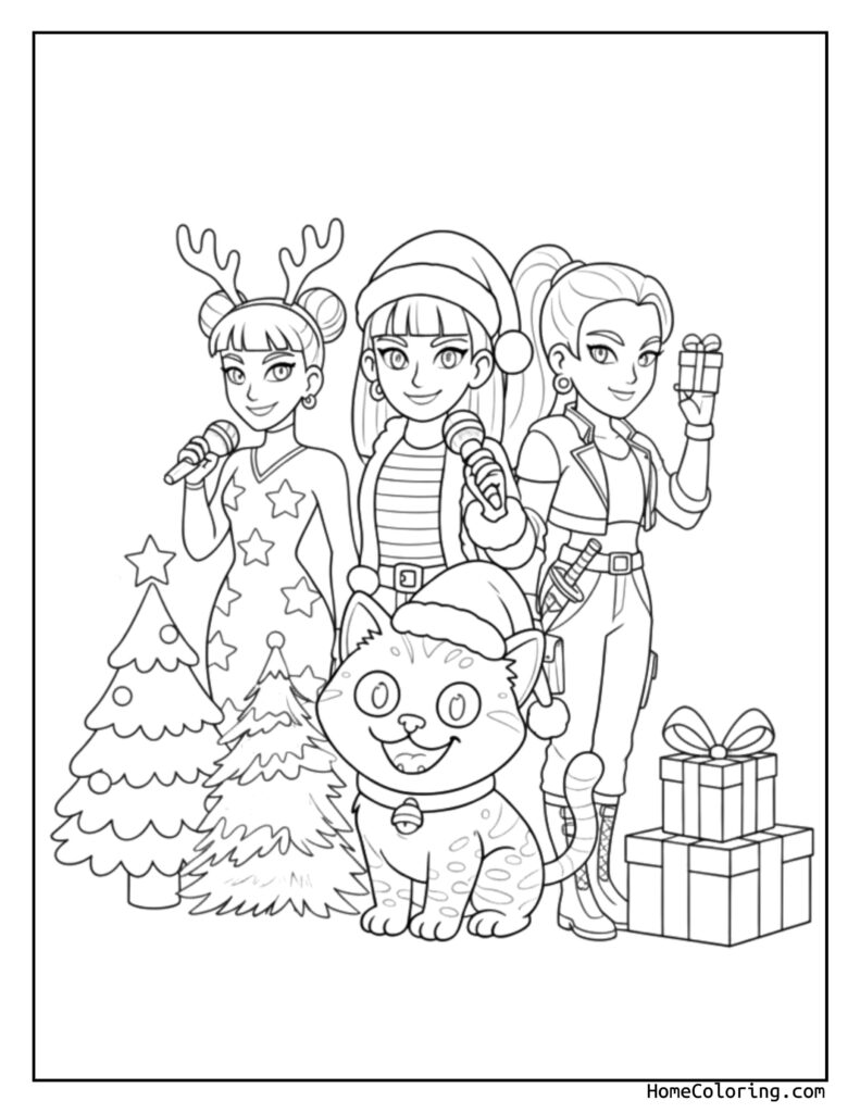 K-Pop Demon Hunters coloring page featuring three animated performers with microphones, festive holiday outfits, a cat in a Santa hat, Christmas trees, and gift boxes.