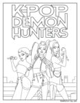 K-Pop coloring pages for kids featuring three dynamic characters from KPOP Demon Hunters holding microphones, set against a cityscape background with stylish outfits and fantasy elements.