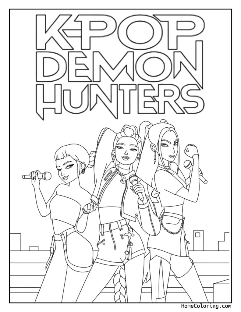 K-Pop coloring pages for kids featuring three dynamic characters from KPOP Demon Hunters holding microphones, set against a cityscape background with stylish outfits and fantasy elements.