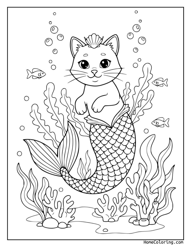 Mermaid cat coloring page featuring a playful cat with a mermaid tail, surrounded by coral reefs, fish, and rising bubbles in an underwater scene.