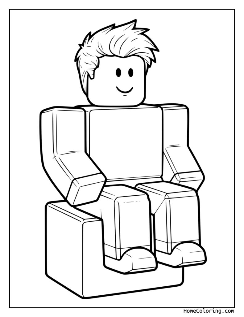 Noob coloring page featuring a blocky, pixelated Minecraft-style character with spiky hair, a smiling face, and crossed legs, ready for coloring.