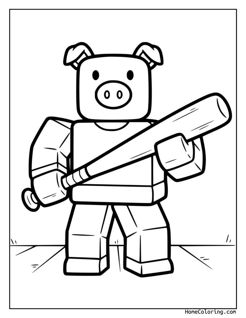 Piggy – Roblox coloring page featuring a blocky, pixelated pig character holding a baseball bat, ready to swing, in a black and white line drawing.