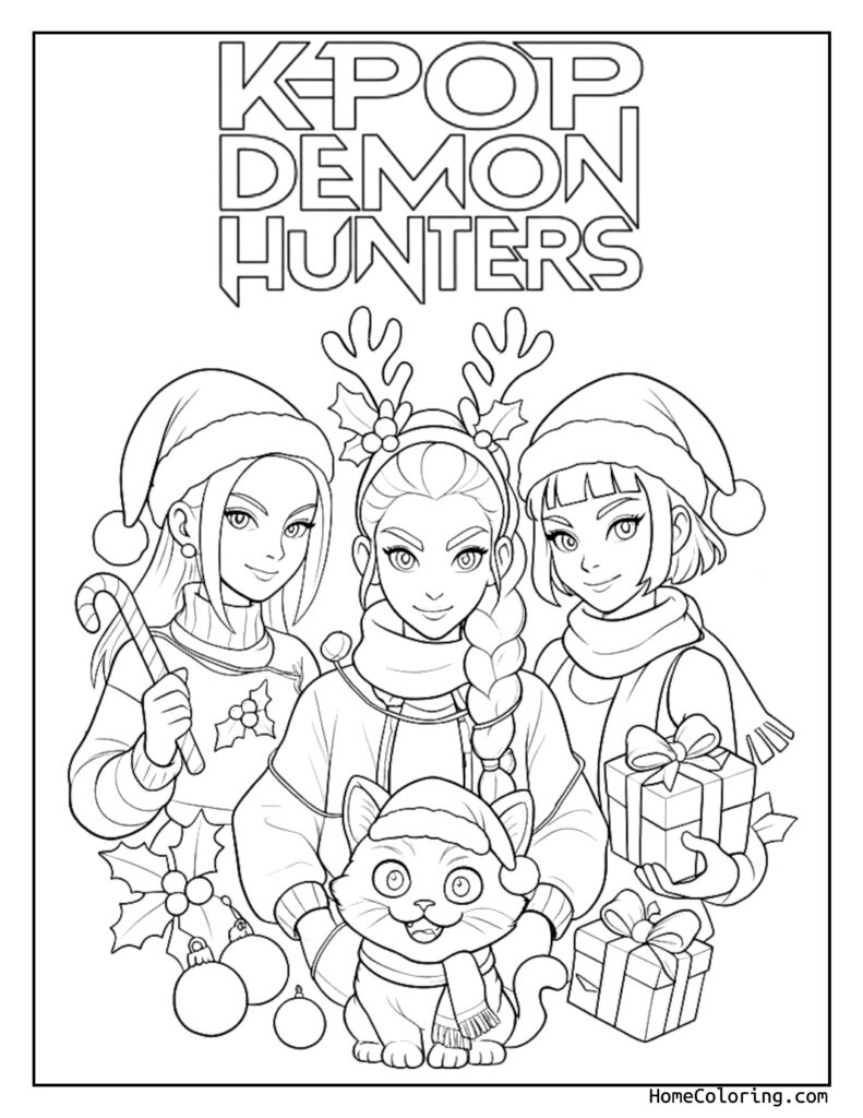 Printable K-Pop Demon Hunters coloring page featuring three characters in holiday attire with Santa hats, scarves, a candy cane, gift box, and a cat in a scarf, surrounded by festive decorations.