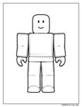 Roblox coloring page featuring a blocky, pixelated character with a rectangular head, smiley face, arms, and legs, outlined in bold black lines for easy coloring.