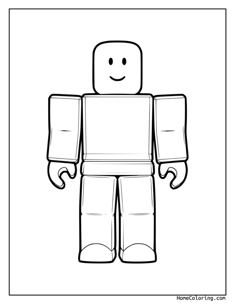 Roblox coloring page featuring a blocky, pixelated character with a rectangular head, smiley face, arms, and legs, outlined in bold black lines for easy coloring.