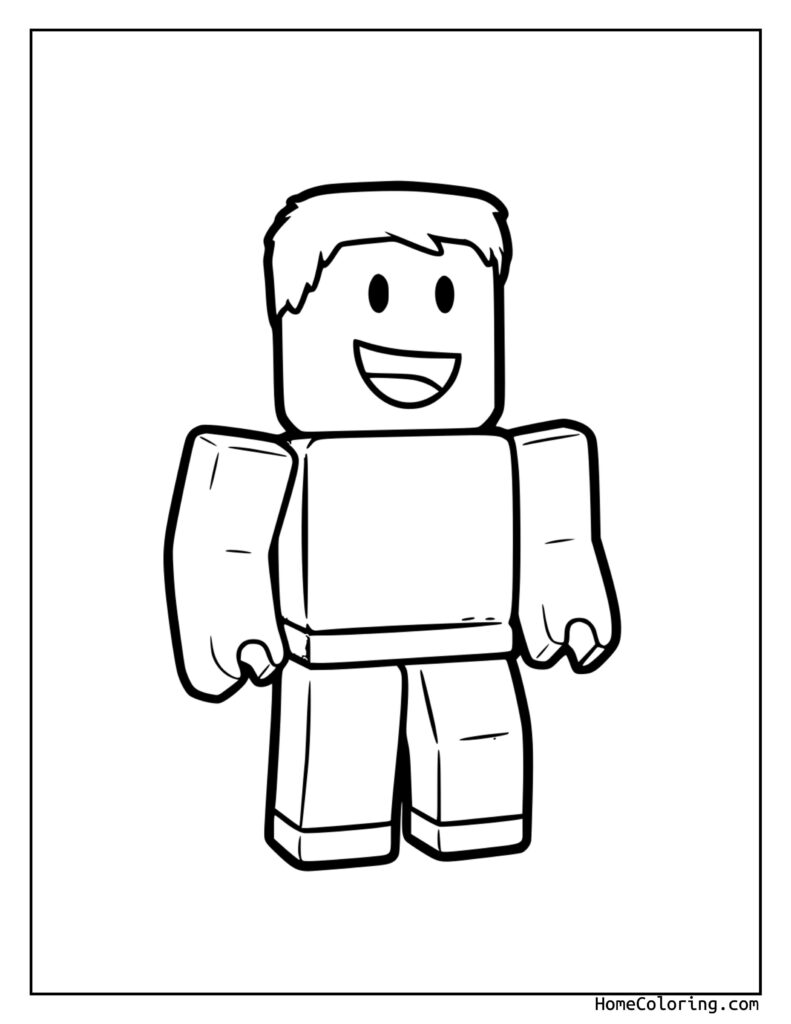 Roblox coloring page printable featuring a Minecraft-style character with a square head, simple facial features, shirt, and shorts on a plain white background.
