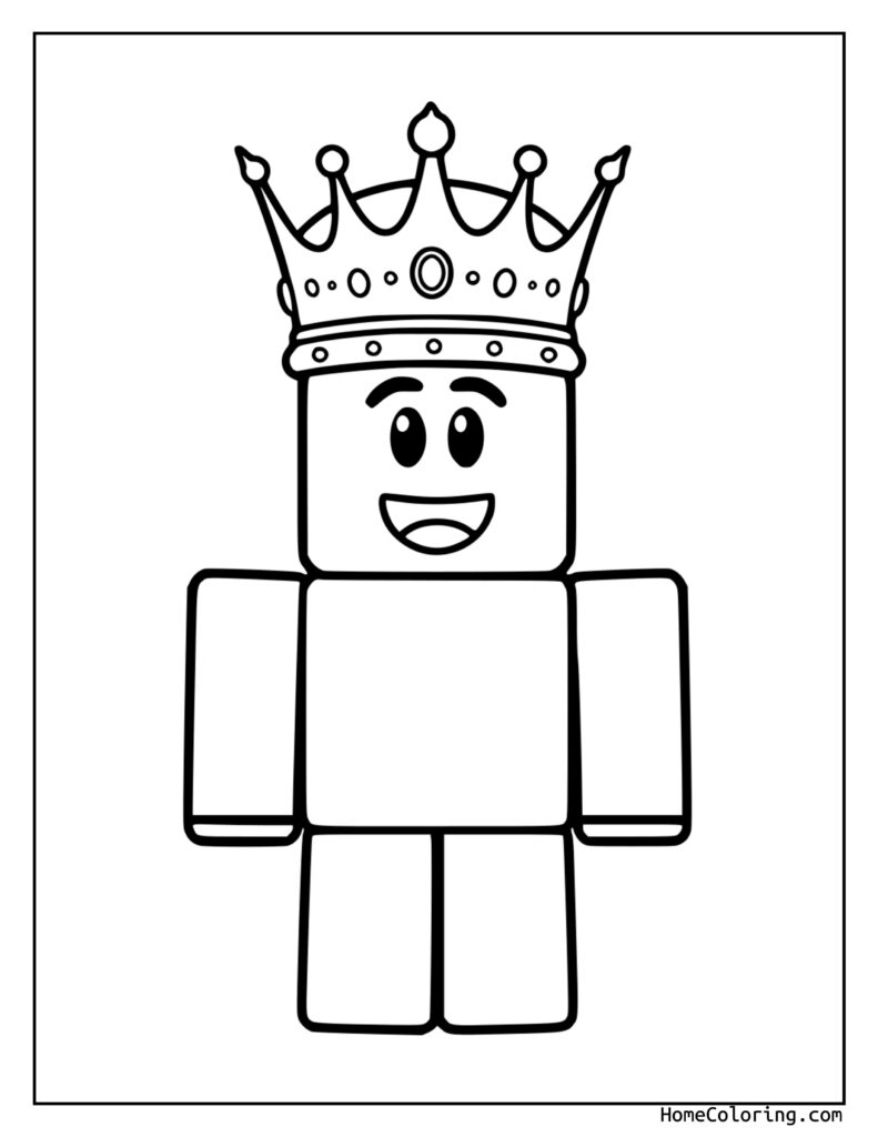 Roblox King Coloring Page featuring a blocky, smiling character with a crown, designed in the iconic Roblox style for kids to color and enjoy.