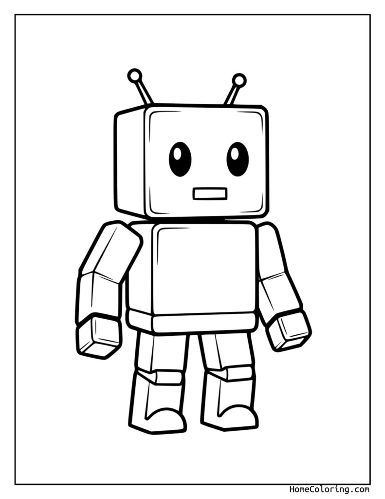 Roblox robot coloring page featuring a friendly black and white line drawing of a rectangular robot with circular eyes, block-like arms, and legs, ready for coloring.